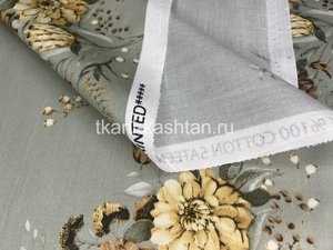 САТИН (КР) ПРИНТ. БУКЕТ ХРИЗАНТЕМ на ЗЕЛЕНОМ